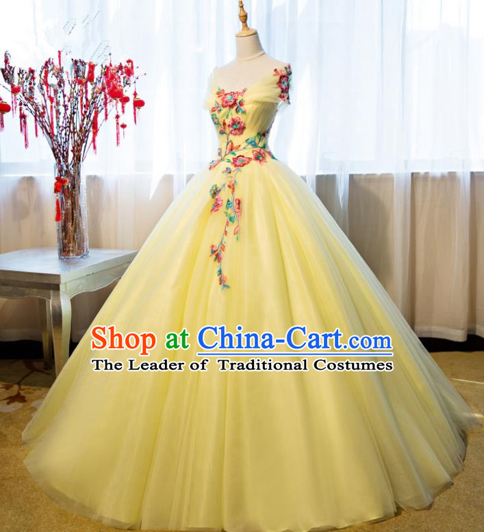 Top Grade Advanced Customization Yellow Veil Bubble Dress Wedding Dress Compere Bridal Full Dress for Women