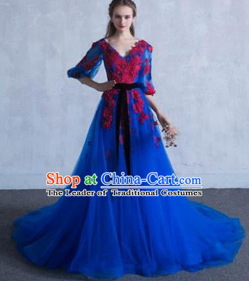 Top Grade Advanced Customization Blue Veil Mullet Dress Flat Shouders Wedding Dress Compere Bridal Full Dress for Women