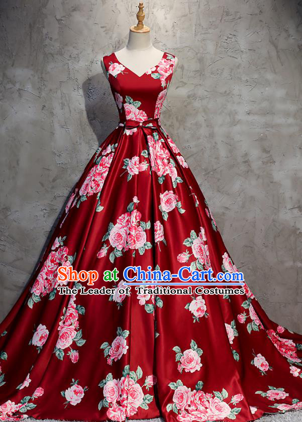 Top Grade Advanced Customization Printing Flowers Red Mullet Dress Wedding Dress Compere Bridal Full Dress for Women