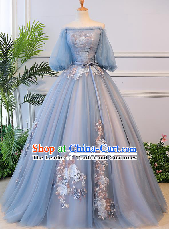 Top Grade Advanced Customization Blue Veil Evening Dress Wedding Dress Compere Bridal Full Dress for Women