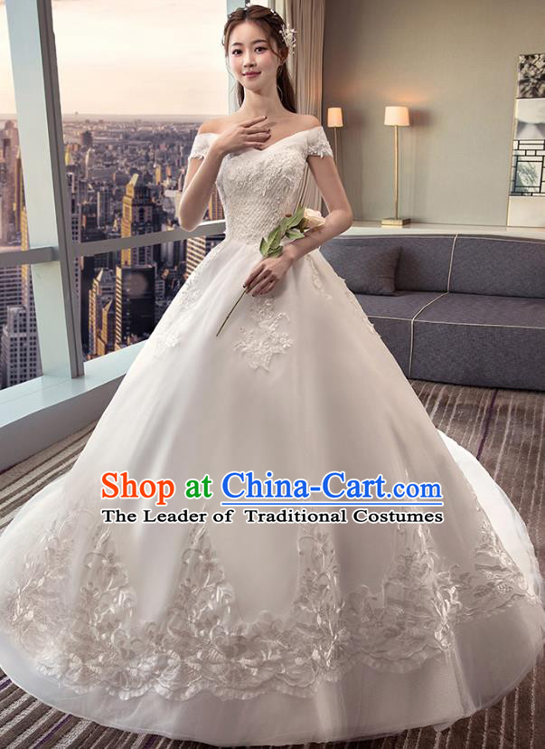 Top Grade Advanced Customization White Lace Trailing Evening Dress Wedding Dress Compere Bridal Full Dress for Women