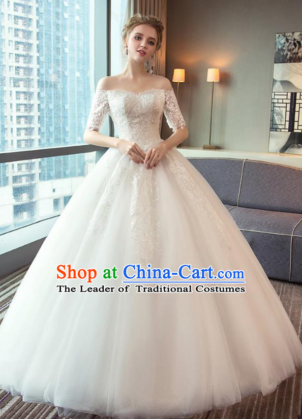 Top Grade Advanced Customization Flat Shouders Evening Dress White Veil Wedding Dress Compere Bridal Full Dress for Women