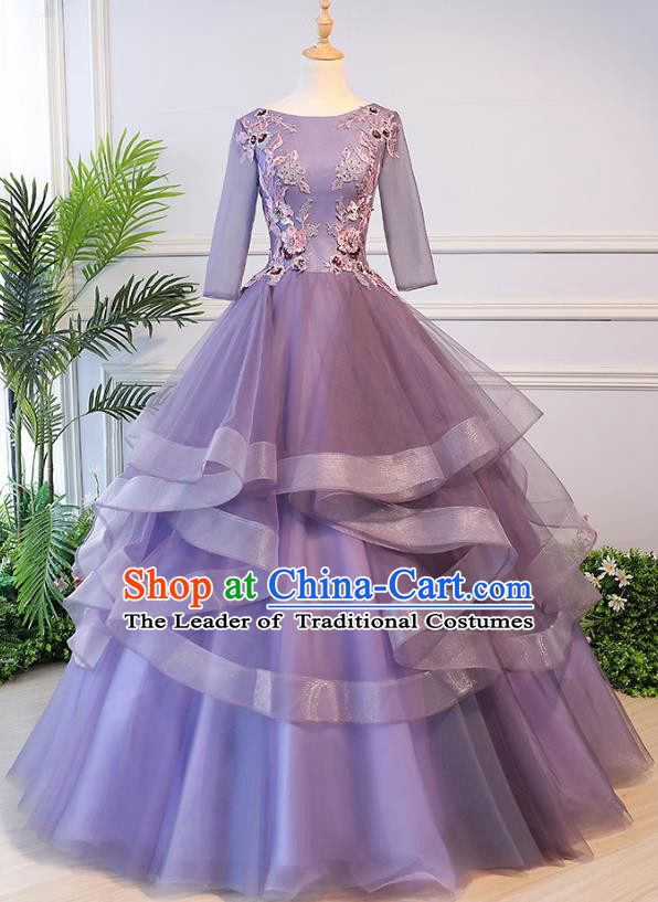 Top Grade Advanced Customization Evening Dress Purple Veil Wedding Dress Compere Bridal Full Dress for Women