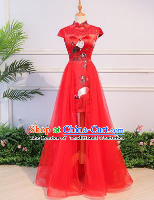Top Grade Advanced Customization Printing Cranes Evening Dress Red Veil Wedding Dress Compere Bridal Full Dress for Women