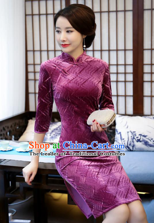 Top Grade Chinese Purple Velvet Qipao Dress National Costume Traditional Mandarin Cheongsam for Women