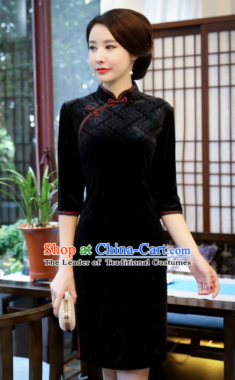 Top Grade Chinese Black Velvet Qipao Dress National Costume Traditional Mandarin Cheongsam for Women