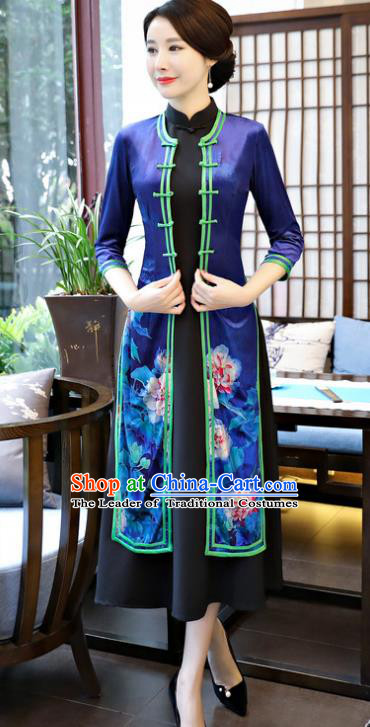 Top Grade Chinese Printing Lotus Blue Qipao Dress National Costume Traditional Mandarin Cheongsam for Women