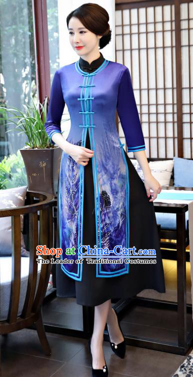 Top Grade Chinese Printing Blue Qipao Dress National Costume Traditional Mandarin Cheongsam for Women