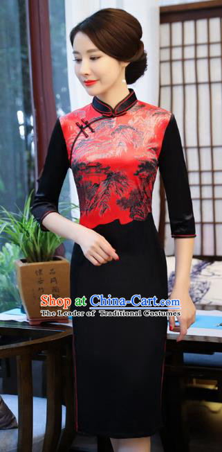 Top Grade Chinese Printing Velvet Qipao Dress National Costume Traditional Mandarin Cheongsam for Women