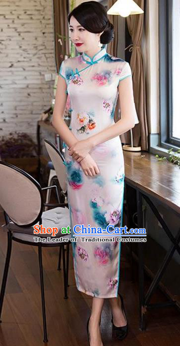 Top Grade Chinese Printing Flowers Pink Silk Qipao Dress National Costume Traditional Mandarin Cheongsam for Women