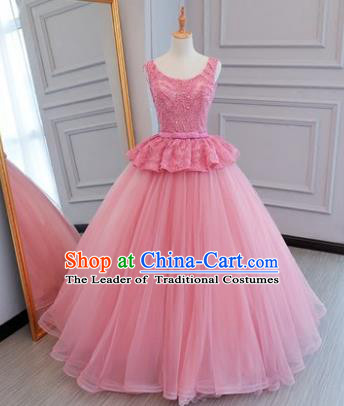 Top Grade Wedding Costume Compere Evening Dress Pink Veil Bubble Dress Bridal Full Dress for Women