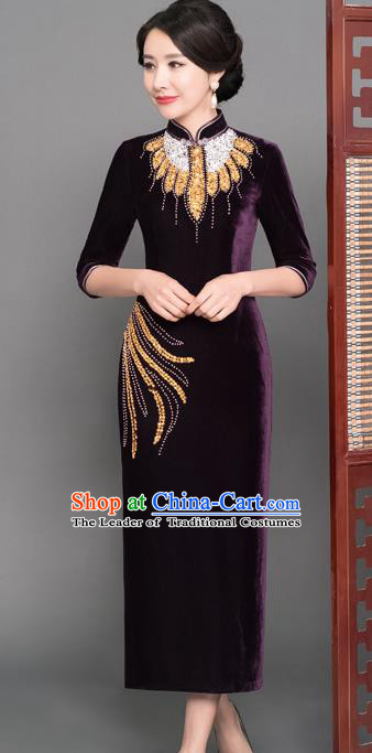 Top Grade Chinese Purple Velvet Beading Qipao Dress National Costume Traditional Mandarin Cheongsam for Women