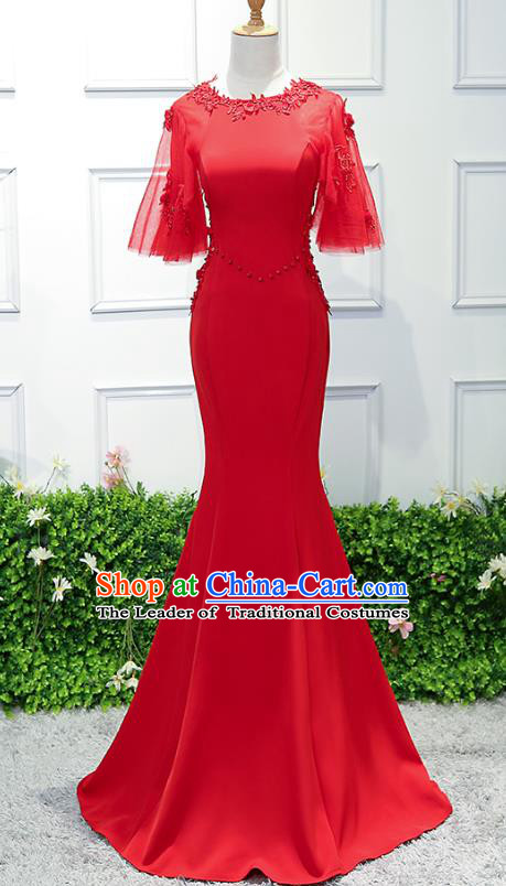 Top Grade Wedding Costume Compere Evening Dress Red Mermaid Dress Bridal Full Dress for Women