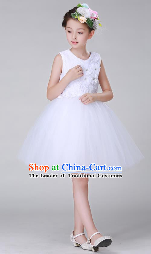 Top Grade Stage Performance Costumes Children Modern Dance White Bubble Dress Modern Fancywork Clothing for Kids