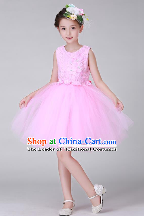Top Grade Stage Performance Costumes Children Modern Dance Pink Bubble Dress Modern Fancywork Clothing for Kids