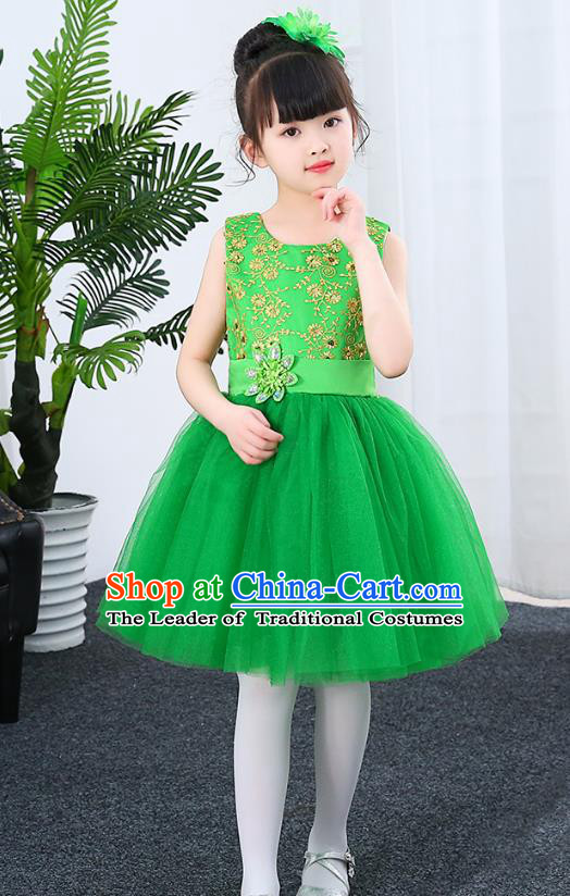 Top Grade Chorus Stage Performance Costumes Children Modern Dance Green Bubble Dress Modern Fancywork Clothing for Kids