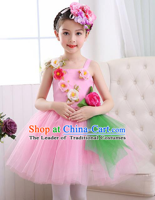 Top Grade Chorus Costumes Children Stage Performance Modern Dance Pink Bubble Dress for Kids