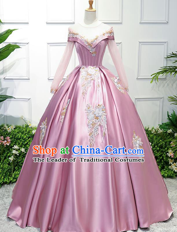 Top Grade Wedding Costume Pink Satin Evening Dress Advanced Customization Bubble Dress Compere Bridal Full Dress for Women