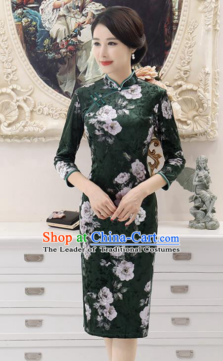 Top Grade Chinese Printing Flowers Atrovirens Qipao Dress National Costume Traditional Mandarin Cheongsam for Women