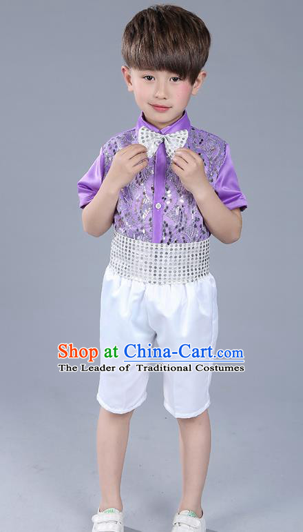 Top Grade Boys Chorus Sequins Costumes Children Compere Modern Dance Purple Clothing for Kids