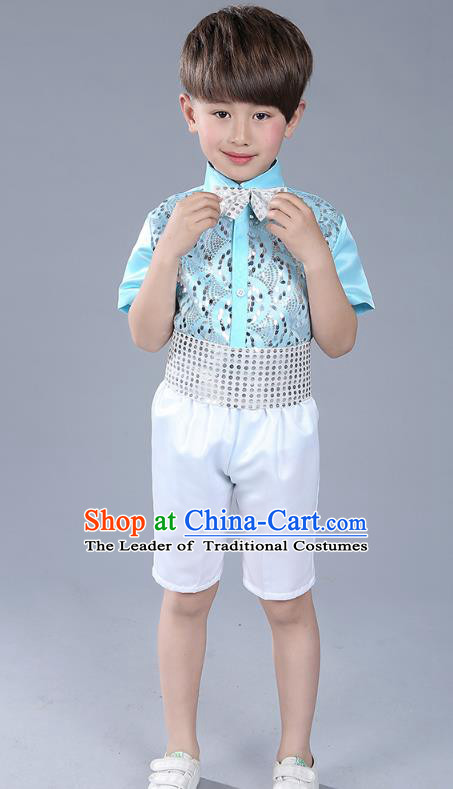Top Grade Boys Chorus Sequins Costumes Children Compere Modern Dance Light Blue Clothing for Kids