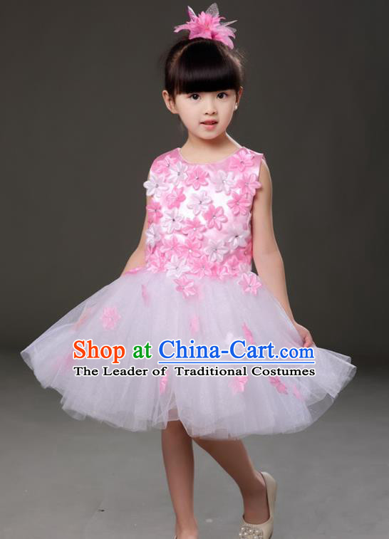 Top Grade Chorus Costumes Children Modern Dance Pink Flowers Bubble Dress for Kids