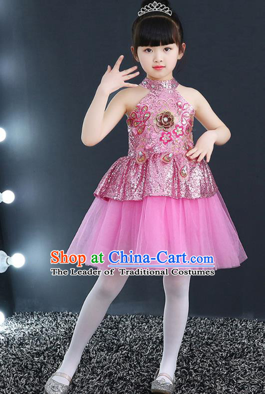 Top Grade Chorus Costumes Children Modern Dance Pink Sequin Bubble Dress for Kids