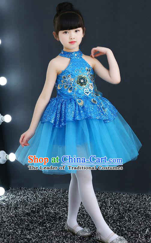 Top Grade Chorus Costumes Children Modern Dance Blue Sequin Bubble Dress for Kids