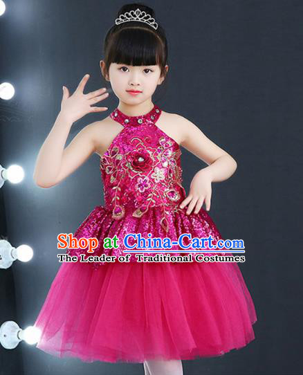 Top Grade Chorus Costumes Children Modern Dance Rosy Sequin Bubble Dress for Kids