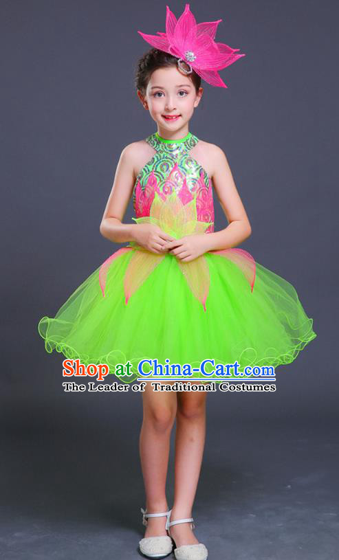 Top Grade Chorus Costumes Children Classical Dance Lotus Dance Green Bubble Dress for Kids