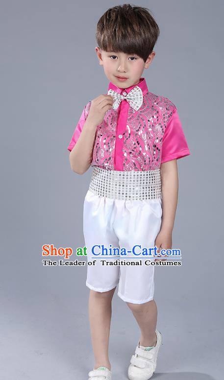 Top Grade Boys Chorus Sequins Costumes Children Compere Modern Dance Rosy Clothing for Kids