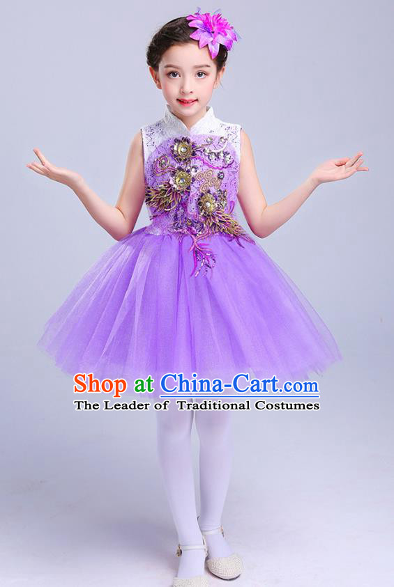 Top Grade Chorus Costumes Children Modern Dance Embroidered Paillette Purple Bubble Dress for Kids
