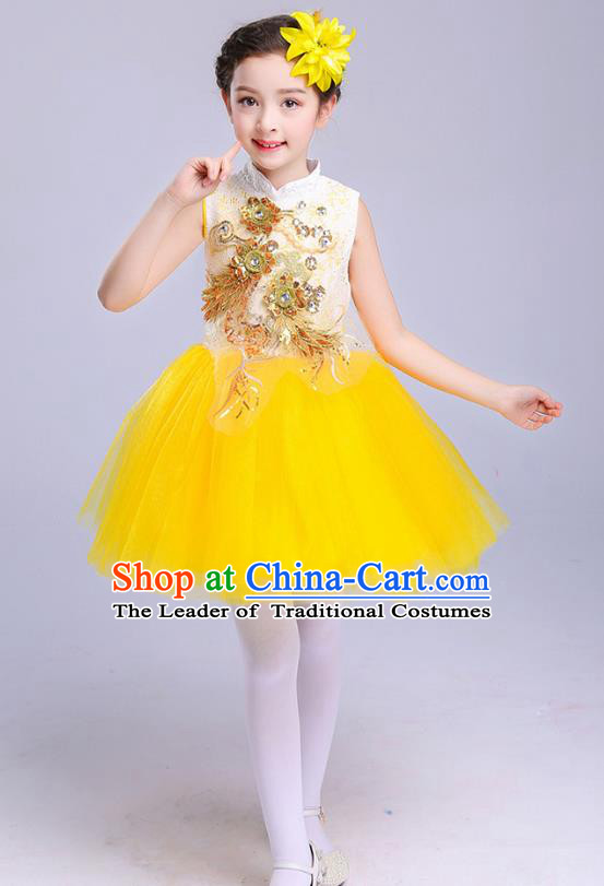 Top Grade Chorus Costumes Children Modern Dance Embroidered Paillette Yellow Bubble Dress for Kids