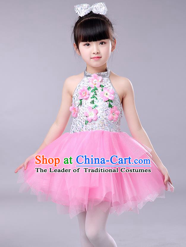 Top Grade Chorus Stage Performance Costumes Children Modern Dance Clothing Pink Veil Bubble Dress for Kids