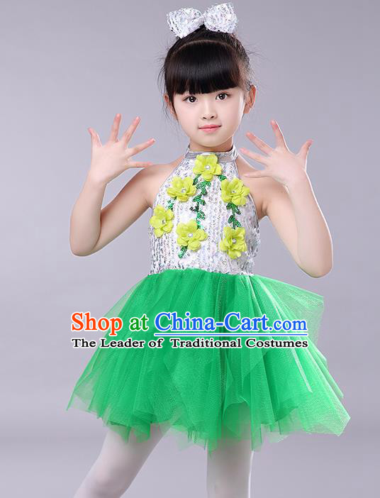 Top Grade Chorus Stage Performance Costumes Children Modern Dance Clothing Green Veil Bubble Dress for Kids