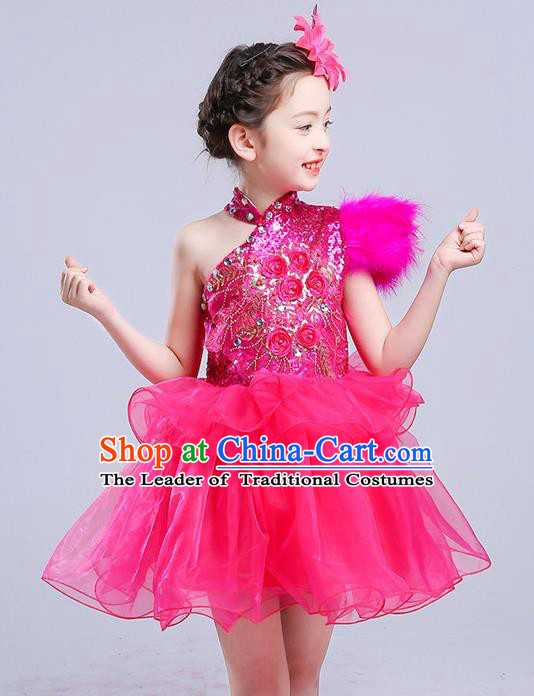 Top Grade Chorus Stage Performance Costumes Rosy Veil Bubble Dress Children Modern Dance Clothing for Kids