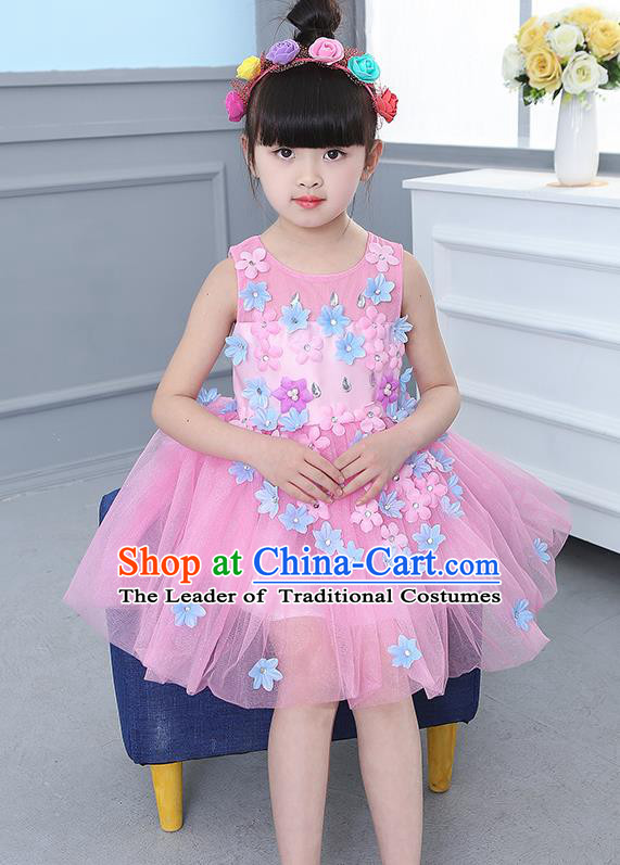 Top Grade Chorus Stage Performance Costumes Flower Fairy Pink Veil Bubble Dress Children Modern Dance Clothing for Kids