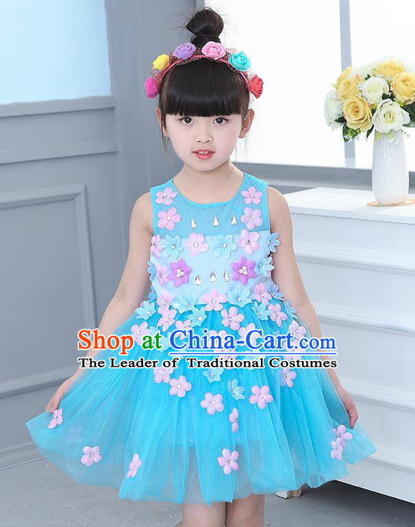 Top Grade Chorus Stage Performance Costumes Flower Fairy Blue Veil Bubble Dress Children Modern Dance Clothing for Kids