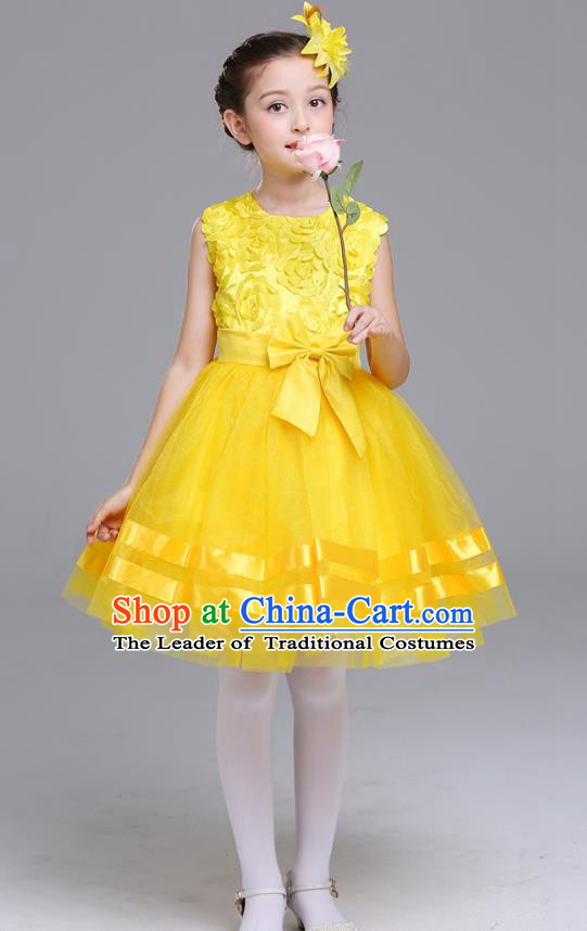 Top Grade Chorus Stage Performance Costumes Flower Fairy Yellow Rose Bubble Dress Children Modern Dance Clothing for Kids