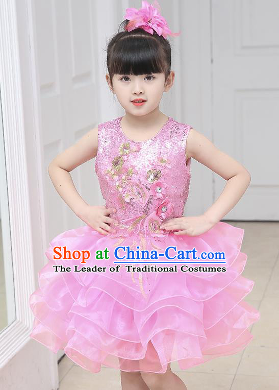 Top Grade Chorus Costumes Stage Performance Pink Sequins Bubble Dress Children Modern Dance Clothing for Kids