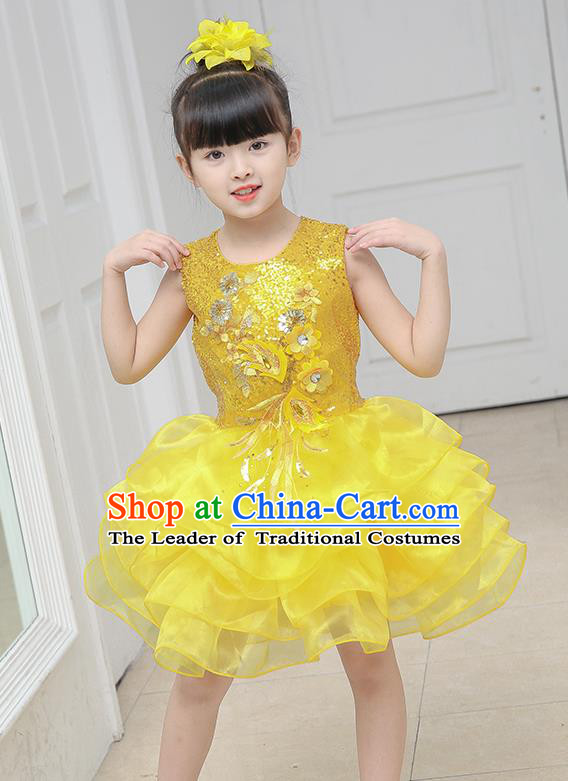 Top Grade Chorus Costumes Stage Performance Yellow Sequins Bubble Dress Children Modern Dance Clothing for Kids