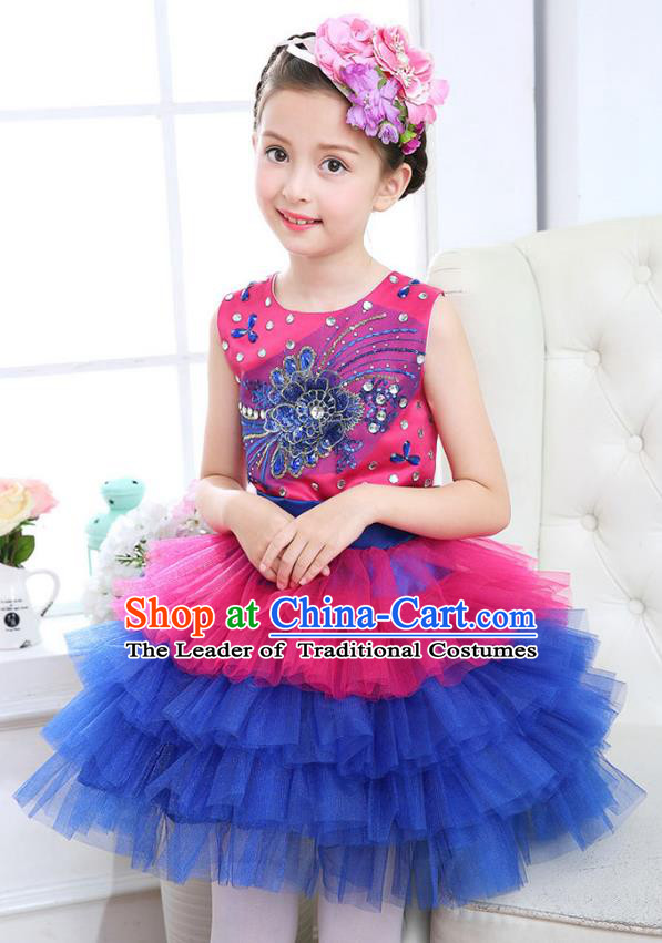 Top Grade Chorus Costumes Stage Performance Princess Crystal Rosy Bubble Dress Children Modern Dance Clothing for Kids