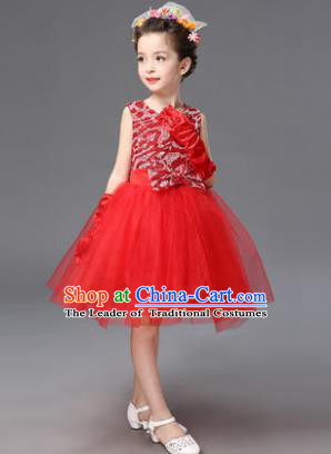 Top Grade Princess Red Bubble Dress Stage Performance Chorus Costumes Children Modern Dance Clothing for Kids