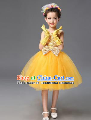 Top Grade Princess Yellow Bubble Dress Stage Performance Chorus Costumes Children Modern Dance Clothing for Kids