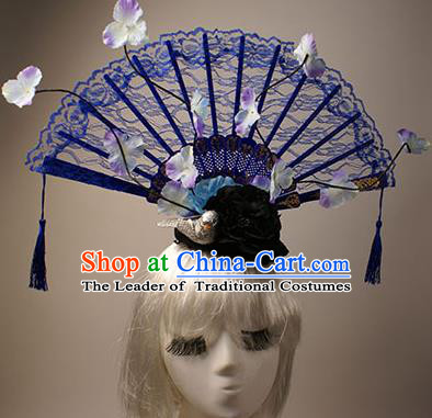 Top Grade Chinese Catwalks Hair Accessories Halloween Stage Performance Blue Lace Hair Clasp Modern Fancywork Headwear