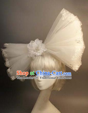 Top Grade Catwalks Hair Accessories Exaggerated White Veil Bowknot Hair Clasp Halloween Modern Fancywork Headwear
