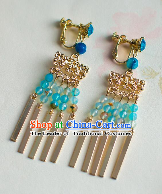 Chinese Ancient Bride Classical Accessories Earrings Wedding Jewelry Hanfu Blue Beads Tassel Eardrop for Women