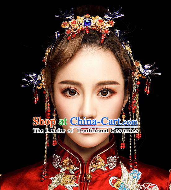 Chinese Traditional Wedding Hair Accessories Ancient Bride Tassel Hairpins Xiuhe Suit Phoenix Coronet Headwear for Women