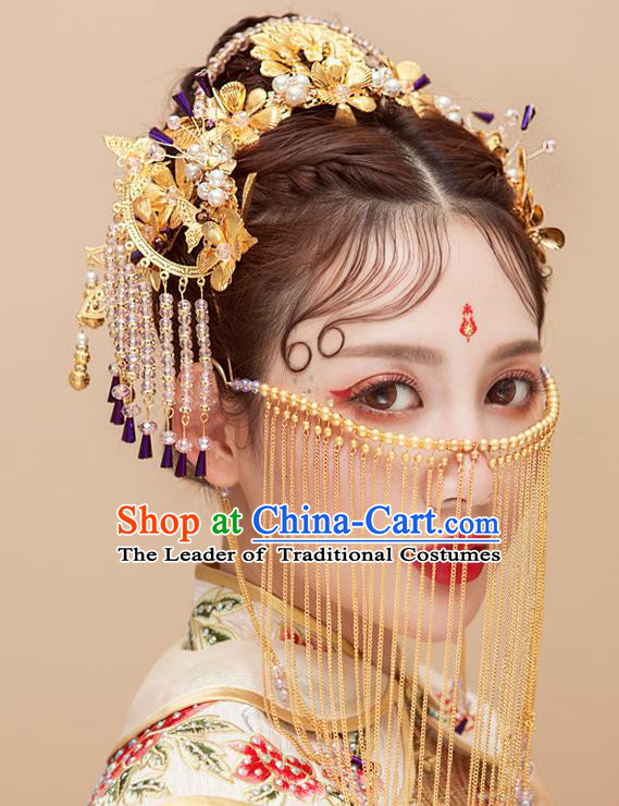 Chinese Traditional Wedding Hair Accessories Tassel Phoenix Coronet Ancient Xiuhe Suit Hairpins Complete Set for Women