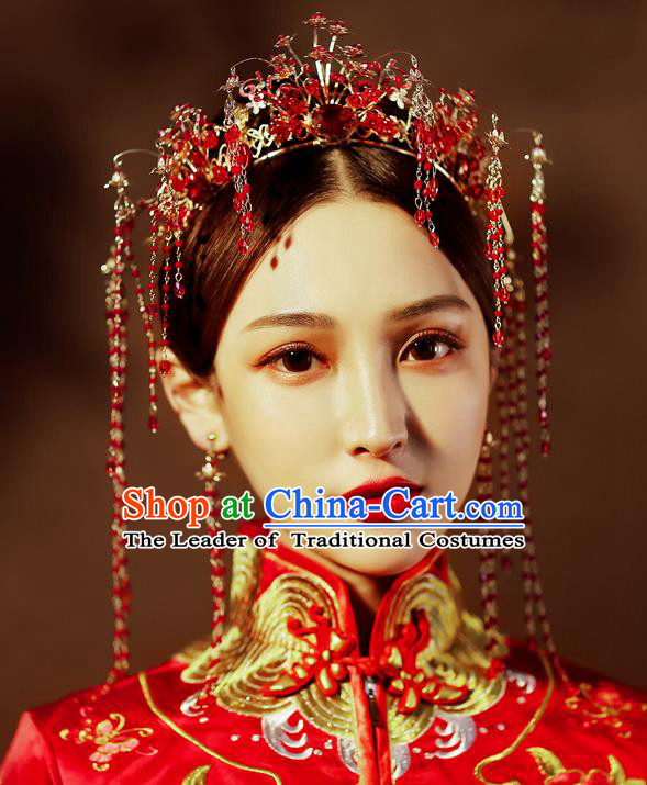 Chinese Traditional Palace Hair Accessories Wedding Red Beads Tassel Phoenix Coronet Ancient Xiuhe Suit Hairpins Complete Set for Women